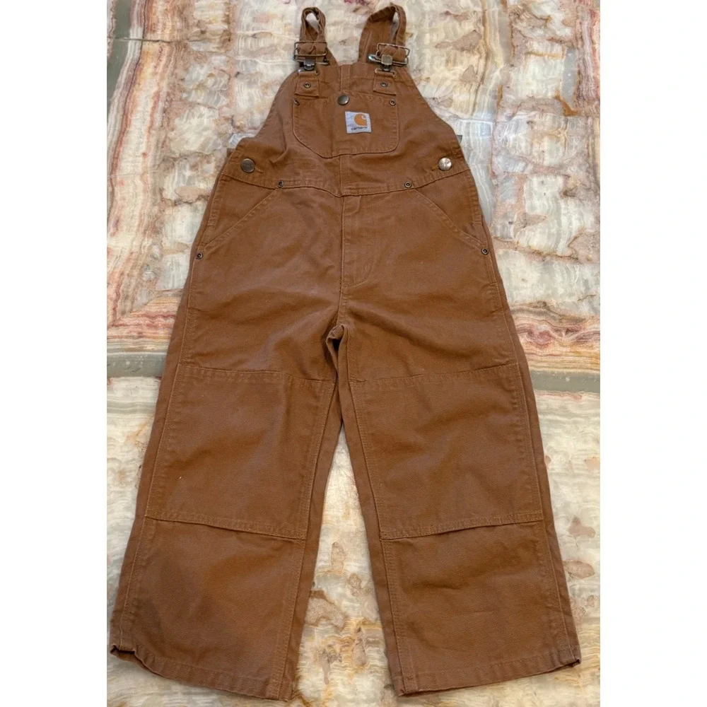 Carhartt Toddler Work Bib Overalls Brown Duck Canvas Double Knee Outdoor Size 4T